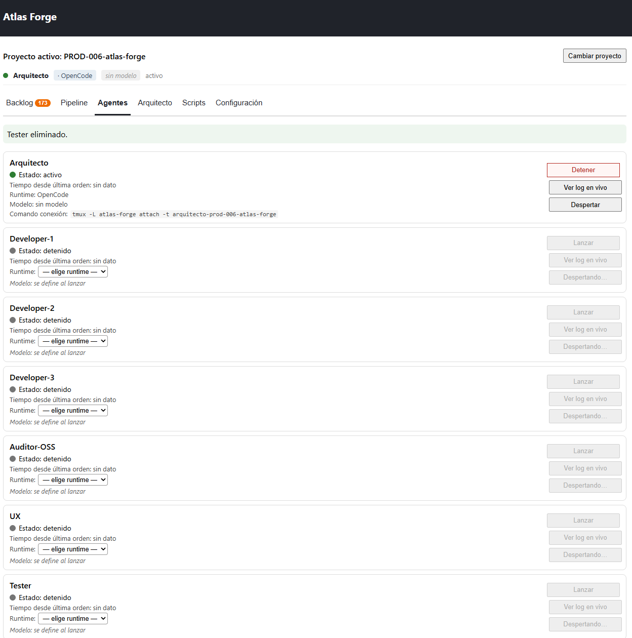 Atlas Forge agent panel showing runtimes, persistent sessions, and operational activity