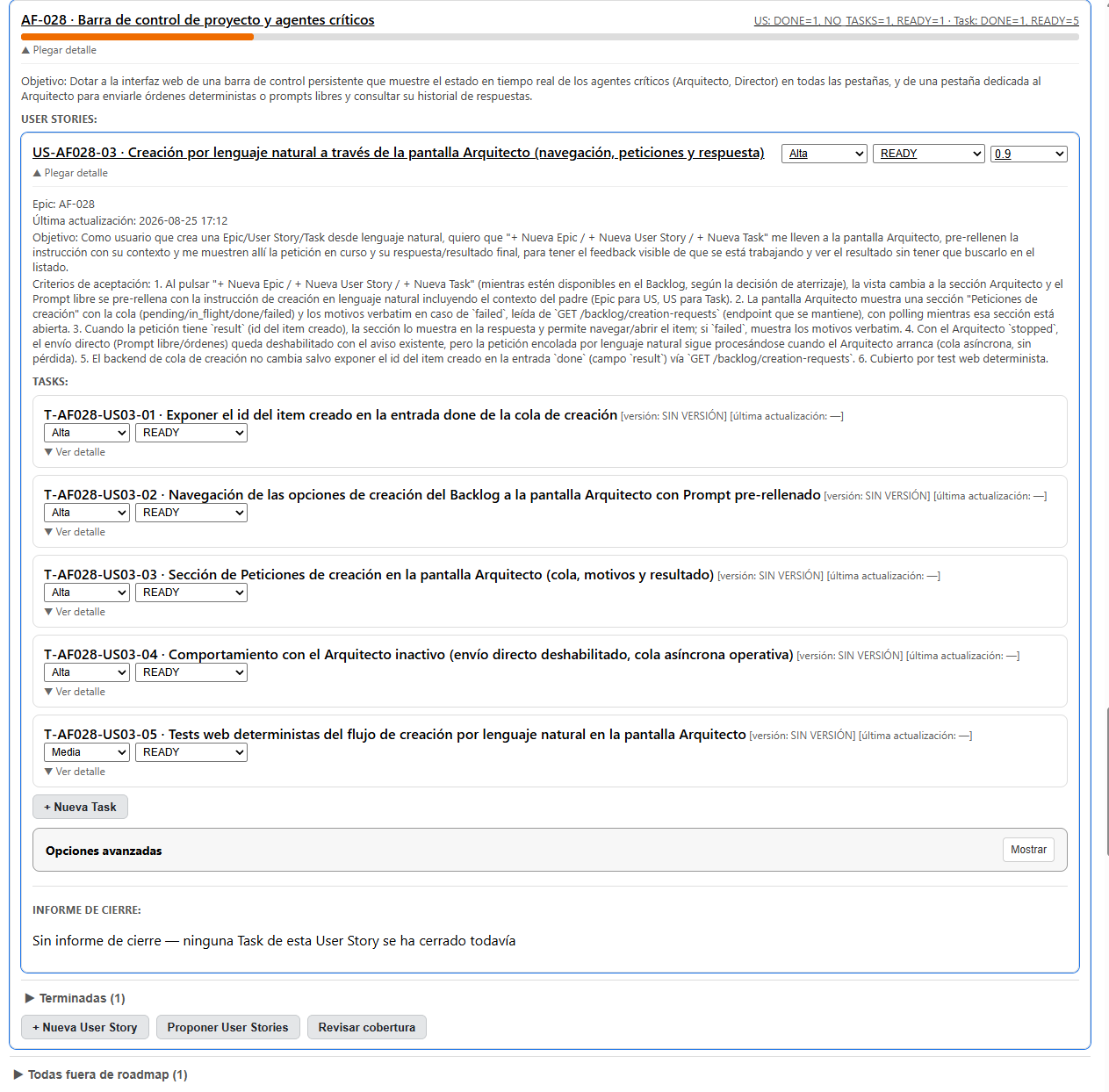 Atlas Forge backlog panel showing a traceable Epic, User Story, and Tasks